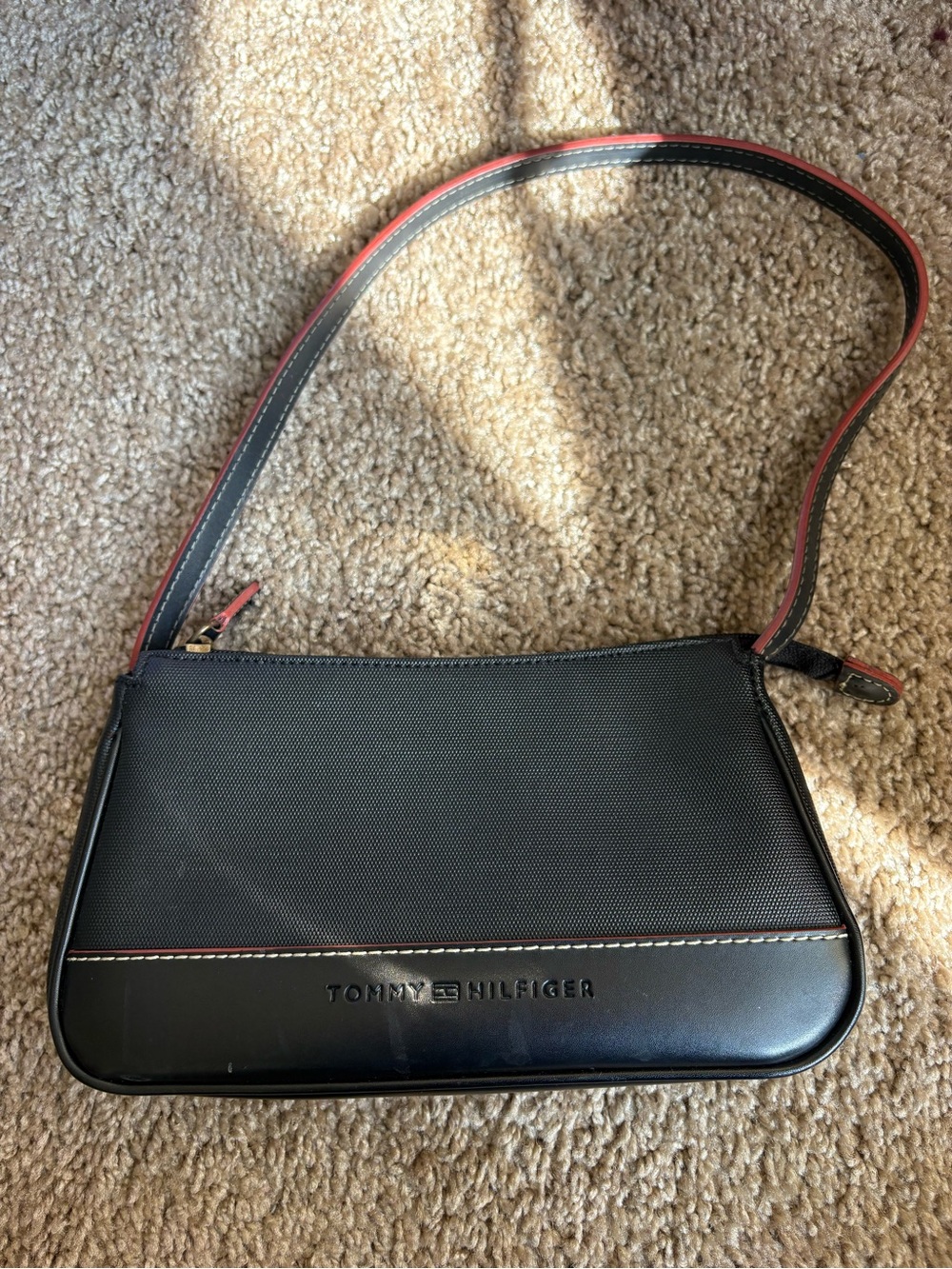 Tommy Hilfiger Black Shoulder Bag with Red-Trim Strap